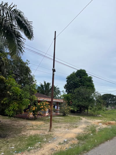 A wooden utility pole stands in the foreground, with power lines extending across the frame under an overcast sky. To the left, a building with a brown roof and pink trim is partially visible, surrounded by lush green trees and a vibrant flowering bush with yellow blossoms. The ground in front of the building is a mixture of grass, dirt, and scattered debris. A palm tree frond hangs into the upper left corner of the image. The scene appears to be in a rural or suburban area of Seunebobaru, Indonesia.