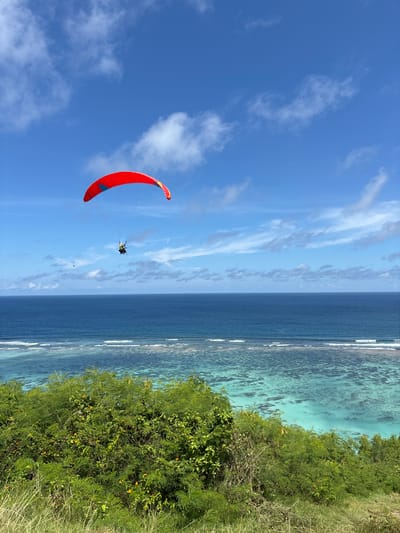 A paraglider is soaring in the sky near Benoa, Indonesia. The image is composed vertically, with the blue sky taking up the left side, the ocean dividing the center, and lush greenery forming the right border. Fluffy white clouds dot the sky above the paraglider. The ocean is a deep, dark blue, broken only by white waves crashing on the coastline. Closer to the shore, the water transitions into a lighter, more turquoise hue. The paraglider itself is brightly colored, predominantly red with some yellow accents. A pilot is suspended below the canopy, visible but not detailed. A hint of land covered in dense, green vegetation is situated along the right-hand edge of the photo.
