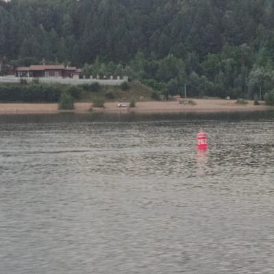 A serene river scene unfolds under an overcast sky, with a dense forest forming a dark green backdrop. On the riverbank, a long, low-lying building with a red roof and light-colored walls is visible, suggesting a tranquil, possibly residential, area. The building is bordered by a light-colored, crenellated wall. The sandy riverbank shows some scattered vegetation. In the foreground, the calm, rippling water of the river dominates the lower half of the image. A bright red buoy with the number "262" in white numerals floats in the water, marking a point in the river. The overall atmosphere is one of quietude and natural beauty, potentially within the outskirts of a town or rural area like Поварёнки, Russia, given the natural setting and architecture.