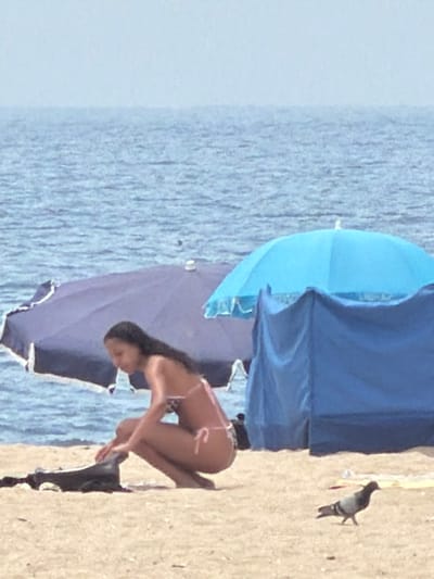 The image depicts a sandy beach scene with the ocean in the background. In the foreground, a young woman wearing a bikini is crouching near a dark-colored bag on the sand. Behind her, a large purple umbrella is visible, and to her right, a blue umbrella and a blue structure, possibly a beach tent, are present. A pigeon is standing on the sand to the right of the woman. The horizon line separates the calm, light blue water from a hazy sky. The overall setting suggests a daytime scene at a beach, potentially in Espinho, Portugal, given the context provided.