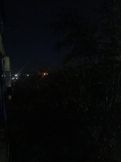 The image depicts a dark outdoor scene at night, likely from an elevated viewpoint such as a balcony or window. A dimly lit portion of a building with a vertical structure is visible on the left edge. In the background, distant city lights are scattered across the horizon, with some appearing as streaks due to camera movement or light sources. A cluster of trees or dense foliage occupies the majority of the middle and right portions of the frame, appearing as dark, indistinct shapes. The overall impression is one of a nocturnal urban or suburban landscape with minimal illumination.