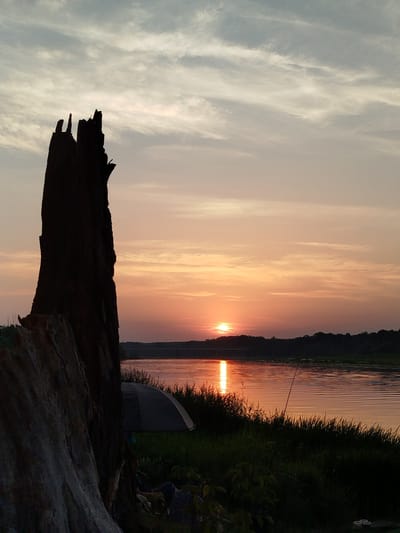 The image depicts a sunset over a body of water, likely a river, with a silhouetted tree stump in the foreground. The sky is a gradient of pale blue to warm orange and pink hues, with wispy clouds. The water reflects the sunset, creating a shimmering effect. A dark, wooded shoreline is visible in the distance, with a faint bridge or structure crossing the water. In the foreground, to the right of the tree stump, a dark-colored umbrella is pitched on grassy terrain, suggesting a campsite or recreational area. There are no identifiable people visible in the image. The location is identified as Topolina, Poland.