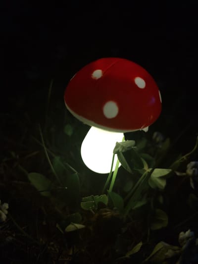 An illuminated mushroom-shaped object with a red cap and white spots sits in dark, grassy surroundings. The object emits a bright white light from its stem. It is positioned low to the ground, with green leaves and blades of grass visible around it. The background is dark and out of focus, suggesting it is nighttime or a dimly lit environment. No people or specific city locations are identifiable in the image.