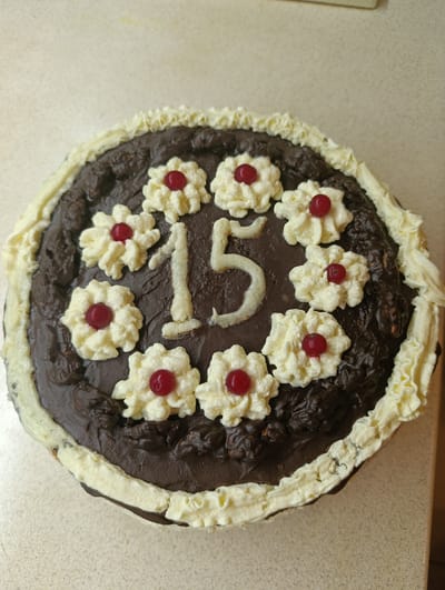 A chocolate cake decorated with white frosting and red berries is displayed on a neutral-colored surface, possibly a countertop or table. The cake features a number "15" made of white frosting in the center, surrounded by eight white frosted flowers, each with a red berry in its center. The outer edge of the cake is bordered by a ruff of white frosting. The cake appears to be homemade and is positioned in the city of Pivdenne, Ukraine. There are no people or specific actions depicted in the image. The environment is simple and domestic.