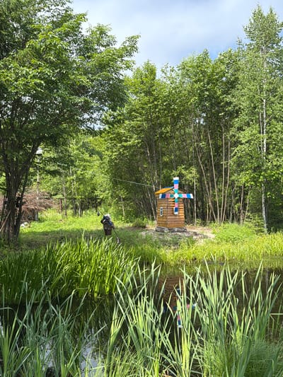 The image depicts a rural scene in Kul'dur, Russia. In the foreground, a dark body of water is densely populated with tall, green reeds. Beyond the reeds, a small, wooden windmill with colorful blades stands on a rocky base. The windmill is surrounded by lush green grass and a dense forest of trees. To the left of the windmill, a scarecrow-like figure is visible, leaning on a pole, and appears to be holding something. The background is dominated by the forest, with a mix of deciduous and coniferous trees under a bright, partly cloudy sky. A fence is partially visible to the left of the windmill, suggesting the edge of a property.