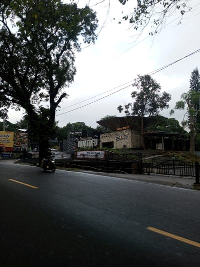 The image displays a roadside scene, stated to be located in Dawathang_Dorjibi_Kashingtsawa, Bhutan, under an overcast, light gray sky. The foreground features a dark, damp asphalt road with a segment of a yellow center line visible on the left. A dark-colored scooter, occupied by a single rider, travels away from the viewer on the left side of the road, exhibiting slight motion blur.

To the left of the road, a large, mature tree with dark, dense foliage partially obscures the background. Behind this tree, a vertical yellow and blue billboard-style sign advertises food items, including visible Indonesian text "MIE AYAM" (chicken noodles) and "BASO" (meatballs), with additional partially obscured text like "deto-fu". Further behind, a sign displaying "Plant Protein JOURNEY 21" is also visible.

On the right side of the road stands a commercial building complex, characterized by a textured, light-colored facade and a distinctive dark, curved roof structure. A prominent sign on the building clearly displays "INDOTOFU" in dark lettering, with "CAFE & RESTO" written on a sign directly above it. Below "INDOTOFU", a red and white banner is present, featuring partially visible Indonesian text including "MEDAN SELERA". The building is fronted by a black metal fence or railing, with a landscaped area and steps leading up to the entrance. Various green trees and dense shrubbery surround the complex. Overhead, multiple thin utility lines traverse the frame against the sky. The environment suggests a semi-urban or suburban setting.
