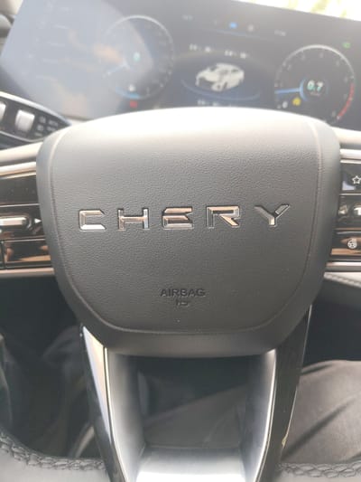 A close-up, eye-level shot shows the interior of a car, focusing on the steering wheel. The steering wheel is black and appears to be made of leather, with prominent silver-colored letters spelling "CHERY" embossed in the center. Below the brand name, the word "AIRBAG" is visible in smaller silver lettering. On the left side of the steering wheel, there are several buttons with silver accents, and on the right, there are more buttons, including one with a snowflake-like symbol and another with a star. The dashboard is partially visible in the background, showing a digital display with gauges and a car icon. The overall lighting suggests it is daytime, with sunlight possibly contributing to reflections on the dashboard screen. The image quality is moderate, with some blurriness, particularly in the background elements. There is no information about the location in Borzye, Russia.