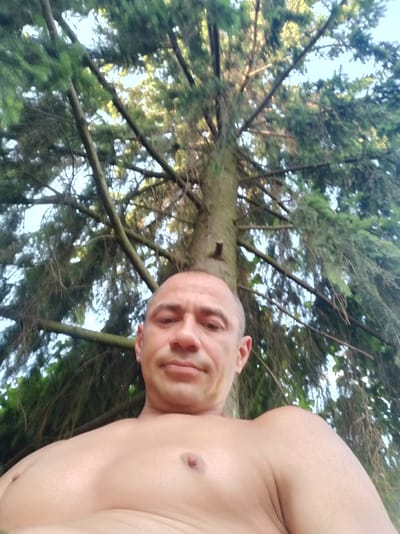 A low-angle, selfie-style shot shows a shirtless man from the chest up, with his head tilted back, looking towards the sky. He has a light complexion and short, graying hair, with some stubble on his face. The man's gaze is directed upwards, and his expression is neutral. He is situated in an outdoor setting, with a large tree dominating the background. The tree's trunk is thick and textured, and its branches, covered in dark green pine needles, extend outwards and upwards, obscuring much of the sky. Some sunlight filters through the branches, creating dappled light effects. The overall impression is that the man is standing or sitting at the base of the tree, looking up into its canopy. The time of day appears to be late afternoon or early evening, suggested by the quality of light. There is no visible text in the image.