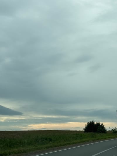 The image depicts a cloudy sky over a rural landscape in Забегалово, Russia. The scene is dominated by a vast expanse of grey and white clouds, with some areas of lighter sky hinting at the presence of the sun. The lower portion of the image shows a field of green grass transitioning to what appears to be a cultivated field. A dark line, likely a road, runs along the right side of the image, bordered by the grassy verge. A solitary, dark green tree stands in the middle ground, its dense foliage contrasting with the open sky and fields. The overall impression is one of a serene, possibly late afternoon or early evening, rural setting under an overcast sky. There is no visible text in the image.