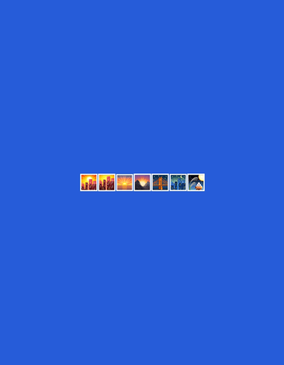 The image displays a row of seven small illustrations against a solid blue background. The illustrations depict various cityscapes and natural scenes at different times of day. From left to right, the images show: a city skyline at sunset or sunrise, another city skyline with similar lighting, a mountain range with a sunrise, a suspension bridge illuminated at night, a city skyline at night with stars, and a scene that appears to be a lighthouse with a boat in choppy water. The style is simplified and graphic. There is no depiction of the city of Kharnavy, Russia, or any recognizable landmarks from that location. The scene is entirely composed of graphic illustrations.