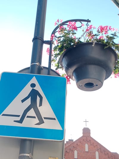 The image shows a street scene with a pedestrian crossing sign prominently displayed in the foreground. The sign is a blue triangle with a white border, containing a black silhouette of a person walking. The sign is mounted on a dark gray pole. Above and behind the sign, a black hanging planter filled with pink flowers and green foliage is suspended from a metal bracket attached to the pole. The planter is a dark, rounded shape with a visible opening at the bottom. In the background, a red brick building with a pitched roof and arched windows is visible, topped with a cross. The sky is a clear, bright blue. The scene appears to be an outdoor urban environment on a sunny day. The context of Bydgoszcz, Poland, suggests a European street setting.