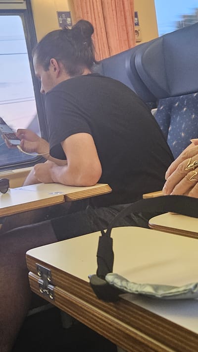 The image captures a person with dark hair styled in a bun, wearing a black t-shirt, seated inside what appears to be a train. The person is looking down at a mobile device, possibly a smartphone, connected to earphones. They are positioned next to a window, with a tray table in front of them. On the tray table, a pair of sunglasses is visible. Another person's hand, adorned with prominent rings, is also partially visible in the foreground, resting on another tray table. The interior of the train features blue seats with a patterned design and peach-colored curtains. The lighting suggests it is daytime, with light filtering in from the window. The background shows a blurry view of the outside, indicating the train is in motion. There is no discernible information in the image that would place this scene in the city of Olcnava, Slovakia.