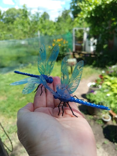 A pair of blue, translucent dragonfly figurines are held in a person's open palm. The dragonflies are positioned facing left, with their wings spread. The background of the image is a blurred outdoor scene of a garden with green grass, trees, and some yellow flowers. The location is specified as Sloviansk, Ukraine.