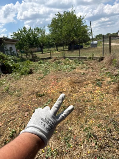 An over-the-shoulder shot shows a gloved hand in the foreground making a peace sign. The hand is wearing a light gray glove with "Germany CE" printed on it. The background reveals a natural outdoor scene. The ground is covered with dry, straw-like vegetation and scattered with small, round, red and yellow fruits. In the mid-ground, there is a dark colored fence enclosing an area with more vegetation and trees. Beyond the fence, a dark colored car is visible parked under a tree. Further in the distance, there are buildings, more trees, and a clear blue sky with scattered clouds. The overall impression is a rural setting, potentially a yard or orchard, in Barkachevo, Bulgaria, on a bright, sunny day.