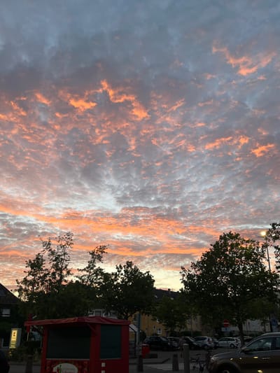 The image depicts a street scene in Landau in der Pfalz, Germany, during sunset. The sky is filled with dramatic clouds that are illuminated by the setting sun, displaying vibrant shades of orange and pink against a backdrop of gray and blue. In the foreground, there is a red market stall with green shutters, which appears to be closed. Behind the stall, several trees are visible, silhouetted against the colorful sky. Further back, buildings and parked cars are discernible, indicating an urban or suburban setting. A streetlamp is also present on the right side of the image. The overall atmosphere is one of a peaceful evening in a European town.