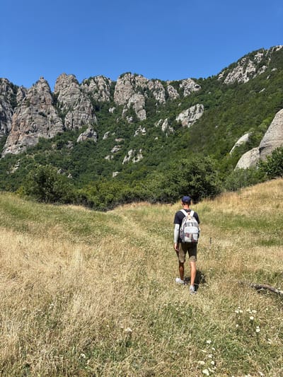 A solitary hiker with a patterned backpack walks away from the camera through a dry, grassy meadow towards a mountainous landscape. The mountains, characterized by rugged rock formations and green vegetation, dominate the background under a clear blue sky. The hiker is wearing a dark t-shirt, shorts, a cap, and a backpack. The sun is shining, creating shadows.