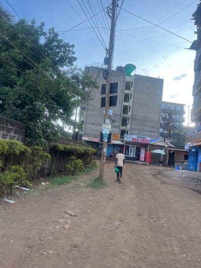 This vertically oriented media file depicts an outdoor street scene in Gitothua ward, Kenya, during the daytime under a bright, partly cloudy sky.
The scene features an unpaved, dusty road on the right side of the frame, showing signs of foot traffic and uneven terrain. A tall, sturdy wooden utility pole stands centrally, heavily laden with a complex and dense array of electrical and communication wires that crisscross the upper left portion of the image. Numerous small, unreadable flyers and posters are affixed to this pole.
In the midground, a person, possibly male, is seen walking away from the camera along the dirt road. They are wearing light-colored clothing and holding a bright green object in their left hand. To the right of the walking person, bordering the road, there is a low-lying hedge row with manicured bushes, behind which a dark wall is visible.
On the left side of the frame, several multi-story buildings form the backdrop. One prominent building has a gray, unfinished concrete exterior with several windows covered by dark panels. Below this building, at ground level, are commercial establishments. A shop is clearly visible with a sign that reads "TIKVAH MEAT HOUSE" in white and red text on a blue background. Other smaller shops or stalls are also present. Further back, another multi-story residential building with numerous balconies can be seen. Large, leafy green trees with dense foliage are prominent on the left, partially obscuring the buildings and interacting with the overhead wires. The overall impression is that of a bustling, semi-urban environment.