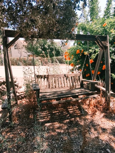 This media file features a rustic wooden swing set in an outdoor setting. The swing itself is made of weathered planks and hangs from chains attached to a wooden A-frame structure. The scene is bathed in sunlight, suggesting a bright, clear day, likely late morning or early afternoon given the shadow patterns.
Behind the swing, lush green foliage is visible, punctuated by clusters of vibrant orange flowers, possibly trumpet vines or similar blooming plants. The ground beneath the swing is covered in dry leaves and sparse vegetation, indicating a somewhat dry environment. In the background, a building with a light-colored facade and a road can be seen, hinting at a semi-urban or suburban location. A stone wall is present to the left of the swing.
The overall mood is tranquil and slightly nostalgic, evoking a sense of quiet repose and the simple pleasures of a garden setting. There is no visible text in the image. The location context places this scene in the Golan Regional Council, Israel.