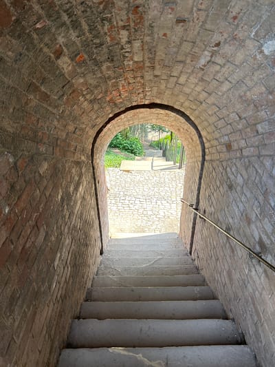 This image captures a descending stone staircase emerging from a brick-lined tunnel with an arched opening. The tunnel walls are constructed of weathered red bricks laid in a pattern, showing signs of age and repair. The steps of the staircase are made of concrete. Beyond the arch, daylight illuminates a paved pathway and lush green vegetation, suggesting an outdoor area or garden. A metal handrail is visible along the right side of the staircase. The image appears to be taken in the city of Náchod, Czechia, likely within or near the grounds of Náchod Castle, given the architectural style and setting.