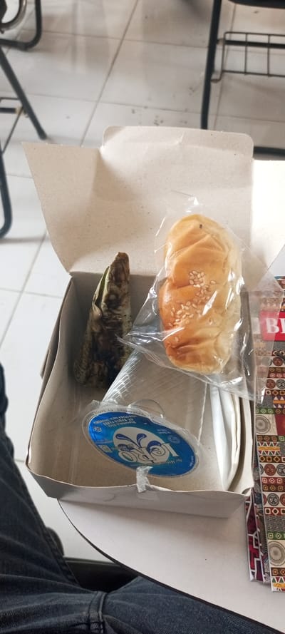 A cardboard box holds a small meal consisting of a tall, green-wrapped cone of food, a wrapped roll sprinkled with sesame seeds, and a small plastic cup of water. A patterned brochure rests near the edge of the box. The box sits on the lap of a person wearing denim pants. A chair is partially visible in the background. The meal appears to be simple and packaged for convenience.
