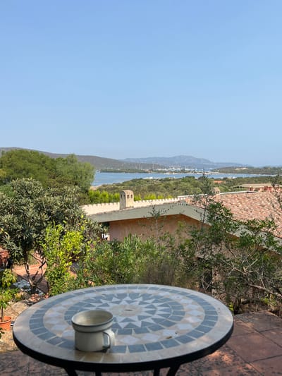 The image depicts an outdoor scene in Olbia, Italy, specifically overlooking a bay or gulf likely part of the Gulf of Olbia. In the foreground, a round patio table with a light-colored mosaic tile top featuring a geometric pattern is centered. A single, light-colored ceramic or enamel mug with a handle rests on the table. The midground shows dense, green Mediterranean vegetation, including trees and shrubs. Beyond the vegetation, an orange-hued building with a terracotta tiled roof and a distinctive double-peaked chimney is visible. Further in the background, a large body of water is present, containing numerous moored boats and yachts. The far background features a distant shoreline characterized by undulating hills and mountains under a clear, light blue sky. No individuals are present. The scene is illuminated by natural daylight, indicating fair weather conditions.