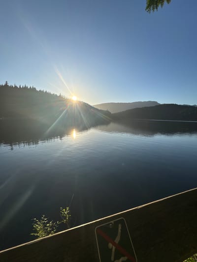 The image captures a serene natural landscape at what appears to be either sunrise or sunset over a body of water, possibly a lake or inlet. The sun is low on the horizon, casting long rays of light across the water and illuminating the distant tree-covered hills. The sky is a clear, gradient blue, transitioning from a lighter hue near the horizon to a deeper blue overhead. In the foreground, a wooden railing runs horizontally across the bottom of the frame, with a small green plant growing beside it. A sign with a red circle and slash over a diving figure, indicating "no diving," is affixed to the railing. The water is dark and calm, reflecting the light and the silhouettes of the trees on the opposite shore. The overall impression is one of tranquility and natural beauty, with the man-made elements of the railing and sign serving as a subtle reminder of human presence. While the image does not explicitly state the location, the presence of a "no diving" sign near a body of water and the surrounding natural environment could be consistent with areas found within or near parks and recreational spaces in the city of Port Moody, Canada, such as those along the Burrard Inlet or within the city's numerous green spaces.
