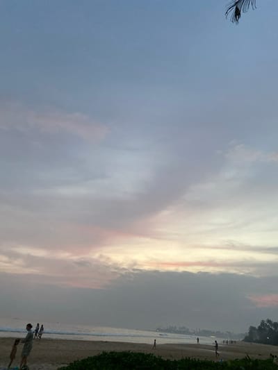 The image depicts a wide sandy beach scene at dusk in Dikwella, Sri Lanka. The sky is largely overcast with grey and light blue clouds, displaying soft pink and orange hues near the horizon line. A dark, feathered object, likely a palm frond, is visible in the upper right corner. The ocean occupies the mid-left, with moderate waves breaking onto the shore. A strip of dark green vegetation is present in the lower foreground, separating the viewer from the beach. Distant landmass with faint lights is visible along the far right horizon, punctuated by dark silhouettes of trees.
On the beach, approximately 10-15 individuals are present. In the left foreground, an adult figure wearing light clothing stands with a smaller, partially obscured figure beside them. Three individuals are wading in the shallow ocean water further to the left. A lone child walks rightward across the sand in the mid-right. Additional indistinct figures are dispersed along the sandy stretch towards the right. All individuals appear to be walking or standing on the beach or at the water's edge.