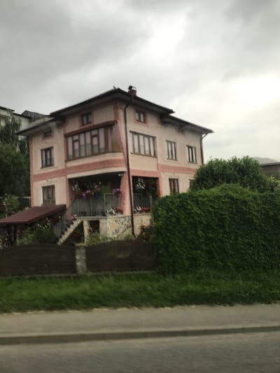 A two-story residential building, likely a detached house, is depicted in Fălticeni, Romania, under an overcast sky characterized by uniform gray clouds. The house facade features a primary color of light peach or salmon, contrasted with reddish-pink decorative bands that delineate floors and frame structural sections. The roof is dark-tiled, with a chimney visible on the upper right side. Multiple rectangular windows with dark frames are present across both levels. The second floor includes a prominent, enclosed bay window or balcony section with multiple vertical window panes.
A key architectural feature on the ground level is an elevated, covered outdoor area or balcony, accessible via a staircase equipped with dark metal balustrades. This area is extensively adorned with potted plants and hanging baskets displaying a variety of red, pink, and white flowers. The foundation of the house beneath this section is constructed with rough-faced stone. To the left of the main staircase, a lower section of the property is covered by a separate reddish-brown tiled roof.
In the foreground, a low, dark fence with integrated stone posts separates the house property from a strip of green grass. Beyond the grass, a gray sidewalk runs parallel to the house, transitioning into an asphalt road that exhibits motion blur, suggesting the image was captured from a moving perspective. A dense, dark green hedge partially obstructs the view of the house on the right side. Various trees are visible behind and to the left of the residence. No individuals are present in the scene.