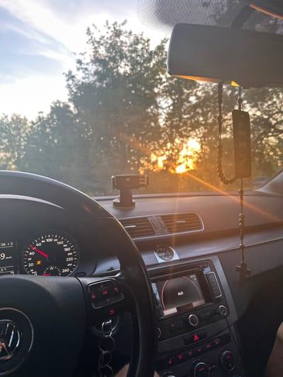 The image shows the interior of a car. The steering wheel, dashboard, and rearview mirror are visible. Outside the car, trees and sunlight are seen through the windshield. There is a rearview mirror hanging from the rearview mirror. The car's speedometer reads approximately 39 kilometers per hour. The navigation screen is turned on. Based on the GPS display, the time on the device reads 20:36. The location in Goran, Bulgaria, is not explicitly stated in the image, and there are no indications of this location.