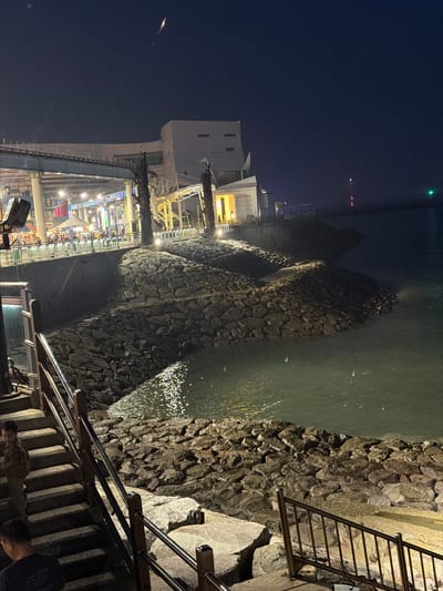 The image depicts a nighttime scene at Wolmido Island in Incheon, South Korea. The foreground features a set of stone stairs with metal railings, leading down towards a rocky shoreline. A young person wearing a patterned shirt is partially visible on the stairs, and another person is seated at the bottom of the stairs.

The shoreline is composed of large, dark rocks that form a breakwater. The water is dark and reflects the lights from the structures above, with a shimmering effect.

In the mid-ground, a building with a modern architectural style is illuminated. It appears to be a commercial or entertainment venue, with visible lights and what looks like a walkway or bridge extending from it. People are gathered on this elevated area, suggesting it is a popular spot. The overall atmosphere is lively, despite the darkness.

The sky above is dark, indicative of nighttime, with a single, bright streak that could be a firework or a distant light source. Further in the background, more lights and structures are visible along the coastline, along with what appears to be a lighthouse or tower with a red light. A green navigational light is also visible on the water's edge in the far right. The scene suggests a waterfront entertainment district with a festive ambiance.