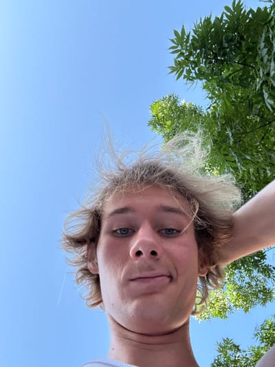 The media file is a portrait-oriented, low-angle selfie taken outdoors. The subject is a young person with blond, windswept hair and blue eyes, looking up towards the camera. Their right arm is raised and bent, with their hand resting behind their head, as if posing or shielding their eyes from the sun. The person is wearing a white garment, possibly a t-shirt or tank top. Their expression is relaxed and friendly, with a slight smile.
The background is dominated by a clear, bright blue sky. In the upper left and right corners, the green foliage of trees is visible, suggesting the photo was taken in a park, garden, or wooded area. The lighting indicates it is daytime, likely sunny. There are no visible text elements in the image. The orientation of the selfie and the upward angle suggest the person is lying down or looking up from a low vantage point. The overall mood is casual and joyful, evoking a sense of leisure and enjoying the outdoors. Based on the provided location context, the scene is likely Białystok, Poland.