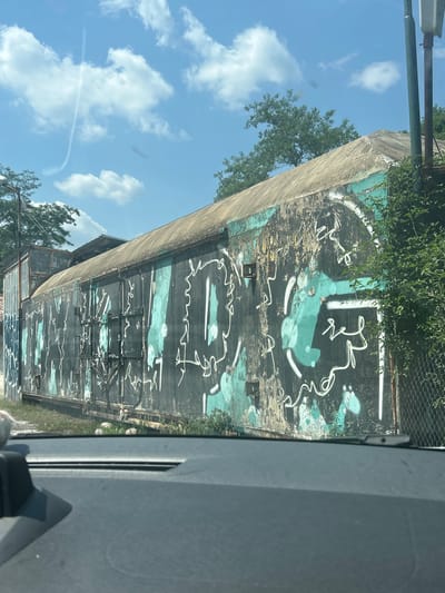 The image shows a long, dark industrial building covered in graffiti. The graffiti features white, swirling lines and teal splotches over a black base. The building appears weathered, with peeling paint and patches of rust. To the right, a chain-link fence and lush green foliage are visible. Above the building, a bright blue sky with scattered white clouds can be seen, along with the tops of trees. The image is taken from inside a vehicle, as indicated by the dashboard in the foreground. This scene is located in Dolna Vasilitsa, Bulgaria.