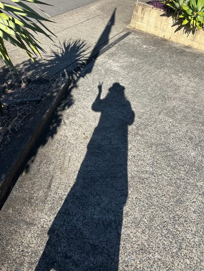 The image shows the shadow of a person on a paved surface, possibly a sidewalk or driveway, in Bellingen, Australia. The person appears to be making a peace sign with their right hand. Shadows of palm fronds are also visible, cast by a nearby plant. The paved surface is made of concrete and has a textured finish. In the background, there is a low wall made of stone blocks with some plants growing on top. The scene is lit by sunlight, suggesting it is daytime.
