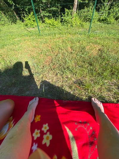 The image shows a first-person perspective of someone sitting on a red blanket outdoors. The blanket is spread on a patch of grass, with more grass and a green wire fence visible in the background. Behind the fence, there is dense foliage of trees and bushes. The person's bare feet are visible on the blanket, as is part of their leg. The shadow of a person holding a smartphone is cast on the grass, indicating they are taking the photo. The scene appears to be a sunny day in a natural, possibly rural or suburban, outdoor setting.