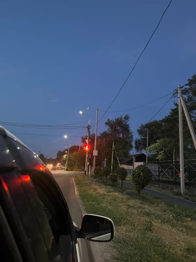 The image depicts a street scene at dusk, likely in Taldykorgan, Kazakhstan, as indicated by the presence of a sign with Cyrillic text. The viewpoint is from inside a car, looking forward and to the right. The sky is a deep blue, transitioning into twilight. A traffic light displaying a red signal is prominently visible on the right side of the road. Several other vehicles are present on the road, their headlights and taillights illuminated. Trees and vegetation line the sidewalk, and power lines crisscross the sky. A metal fence encloses a property on the right side of the road. The overall impression is of a typical urban environment at the end of the day, with traffic and infrastructure elements.