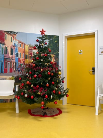 A decorated Christmas tree stands indoors against a backdrop depicting a vibrant Italian cityscape. Red and gold ornaments adorn the tree, topped with a red star. A yellow door with a radiation symbol sits behind the tree. A white chair is partially visible, and a red and tan object is near the tree. The floor is yellow, and the walls are white, creating a bright interior setting.