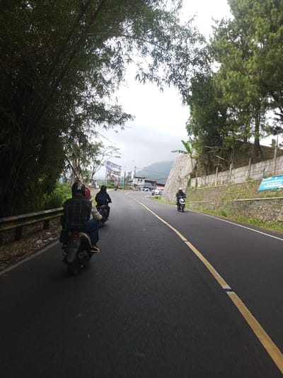 The image depicts a paved two-lane roadway curving gently to the right, observed from behind a moving motorcycle under an overcast sky in Saing Ta Mawt Lay, Myanmar.
**People & Actions:**
Four individuals are visible, each operating a motorcycle/scooter, traveling away from the camera. The closest rider, positioned in the left lane, wears a dark plaid shirt, dark pants, and a dark helmet, with visible yellow footwear. A second rider, immediately ahead, and a third rider further in the distance, both wear dark clothing and helmets. A fourth rider on a dark scooter is seen alone on the right side of the road in the mid-distance. No direct interactions between individuals are discernible.
**Vehicles & Objects:**
The foreground features the rear of a light-colored scooter. Ahead of it are two dark-colored scooters. Another dark scooter is visible further down the road. The asphalt road surface is marked with a solid yellow center line that transitions into a broken yellow line, and a white line defines the right road edge. A dark metal guardrail runs along the left side of the road. On the right, a low retaining wall constructed of light-colored stones is present. In the distance, several structures including buildings and a large multi-paneled billboard are visible.
**Environment:**
The left side of the road is bordered by a dirt verge with scattered refuse, followed by a dense stand of bamboo forming a dark green canopy overhead and along the roadside. The right side features a stone retaining wall supporting a grassy embankment with coniferous trees and a banana plant. Hilly or mountainous terrain is visible in the distant background. The sky is uniformly gray and overcast, indicating cloudy weather.