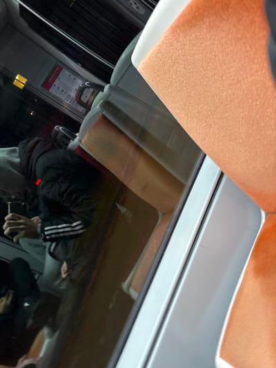 An eye-level shot captures an arm and a leg angled across the top of a train window. The window reflects the train interior. A person in a black jacket with white stripes is seen in the reflection. A passenger information sign is visible in the background on the left, and the train car’s interior lighting casts a yellowish glow. The angle suggests the image was taken from an adjacent seat.