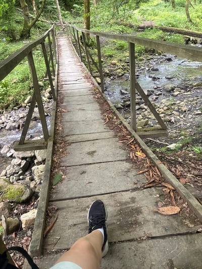 An eye-level, medium shot shows a person's left leg and foot, clad in a black athletic shoe and white sock, standing on a wooden footbridge. The footbridge, constructed of weathered planks and supported by wooden railings, extends into a lush, green forest. A shallow stream, with rocks and pebbles visible in its bed, flows alongside the bridge. The surrounding environment is characterized by dense foliage, trees, and scattered rocks. The scene appears to be a tranquil natural setting, possibly a park or hiking trail.