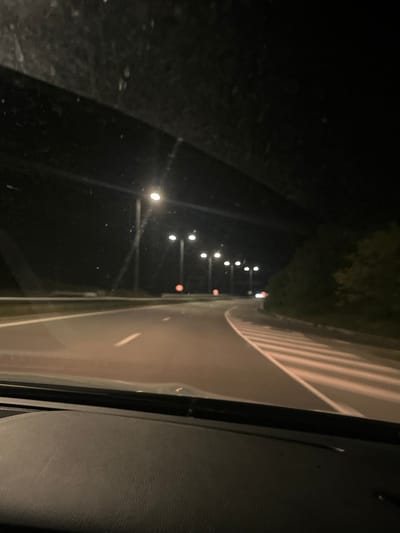 The image shows a view from inside a vehicle at night. On the right is a portion of the vehicle's interior, specifically the door and a section of the dashboard or seat upholstery. Through the vehicle's window, a dark outdoor scene is visible. A row of streetlights extends into the distance along a road or highway. The road appears to have a guardrail or barrier on its right side. Some trees are visible in the background. There is not enough information to determine if this is in Balanovo, Bulgaria.