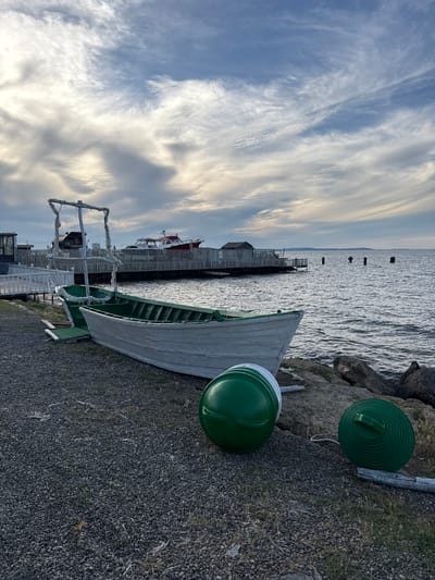 This image captures a serene coastal or lakeside scene, likely in Taman, Russia, during what appears to be late afternoon or early evening. The sky dominates the upper portion, filled with dramatic, streaky cirrus or altocumulus clouds displaying various shades of white, gray, and subtle golden light, suggesting the sun is low on the horizon.

In the midground, a body of water, possibly a sea or large lake, shimmers with reflections, appearing calm and slightly rippled. A rustic wooden pier extends into the water from the left side, where several smaller boats, including one with a red and white hull, are docked. A series of dark, slender posts are visible further out in the water, possibly marking a channel or mooring points.

The foreground reveals a gravelly and rocky shoreline. Two traditional-style wooden boats are prominently displayed, pulled up onto the land. The larger, more central boat is painted white with a green interior. To its right, a smaller, entirely green boat is partially visible. Near these boats are two distinctive green, round objects; one is a ribbed lid with a central handle, and the other is a smoother, dome-shaped buoy or container. Faint, unreadable white text is barely discernible on the side of the smoother green object. The ground consists of dark pebbles mixed with patches of dry grass. No people are present, lending a quiet, contemplative atmosphere to the scene.