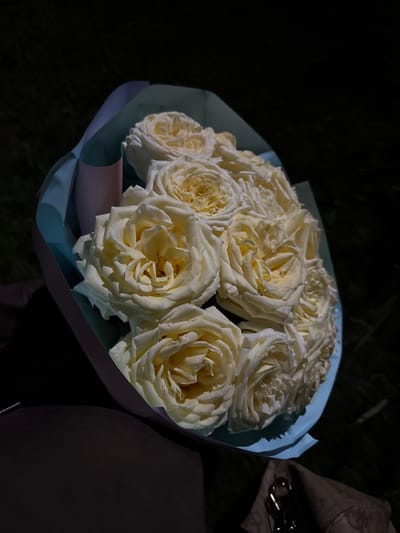 A bouquet of light yellow roses is presented against a dark background. The roses are tightly clustered, with many petals forming a rounded shape. The bouquet is wrapped in light blue and pink paper. The image appears to be taken at night, as indicated by the darkness of the surroundings. The flowers are illuminated, suggesting artificial lighting. There is no identifiable location in Gorno-Altaysk, Russia, or any other specific geographical information. No people or actions are depicted. The scene is a still life focusing on the floral arrangement.