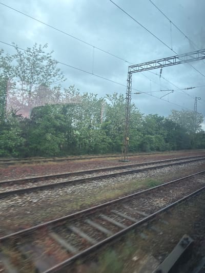 A view from a moving train, showcasing parallel tracks laid with gravel and bordered by lush greenery and trees under a cloudy sky. The composition features an angled perspective capturing railway infrastructure with electrical pylons and cables. The scene is in Pavlikeni, Bulgaria.