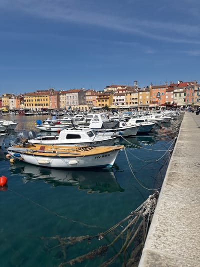 The image depicts a harbor scene in Grad Rovinj, Croatia, with a line of boats moored along a concrete quay. The water is dark blue, reflecting the boats and the buildings across the harbor. The boats vary in size and design, and are secured to the quay with ropes. A building facade runs along the opposite side of the harbor. The sky is clear and blue, indicating a sunny day. Buildings are in shades of yellow and orange. People are partially visible in the background on the quay.
