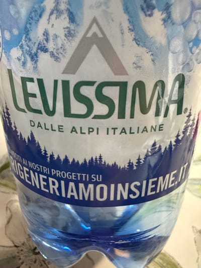 This is a close-up, angled shot of a plastic water bottle, likely taken indoors. The bottle is predominantly white with blue and green text and graphics. Dominating the label is the large, green text "LEVISSIMA". Below this, in smaller green text, is "DALLE ALPI ITALIANE". A significant portion of the label also features blue text that reads "RIENERIAMO INSIEME", with a pattern of dark blue pine trees along the bottom edge of this text. The bottle itself is transparent, revealing the water inside and some subtle light reflections. The background is out of focus but appears to be a patterned surface, possibly a tablecloth. No people are visible in the image. The overall impression is of a product shot or a casual photo of the water bottle.