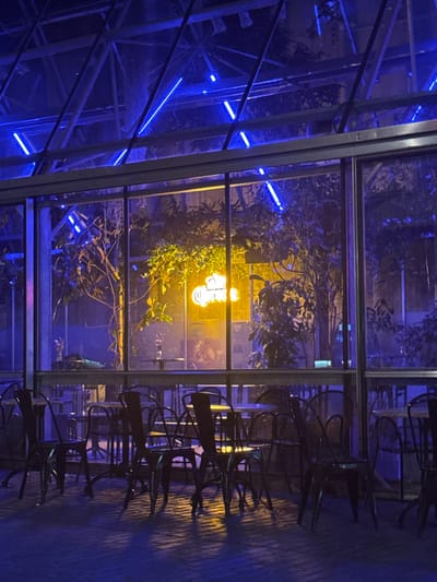 The image depicts the exterior of a cafe or restaurant in Ghent, Belgium, at night. The building features a modern glass and metal structure, possibly a conservatory or greenhouse-like extension. Blue neon lights illuminate the roof structure and the exterior of the building, casting a vibrant blue glow on the scene. Through the glass facade, a neon sign, likely advertising "Corona," is visible inside, emitting a warm yellow light. Several trees and plants are situated inside the building, adding a touch of nature to the urban setting. Outside, a patio area with brick paving is visible, with several empty metal chairs and tables arranged neatly. The lighting creates a dramatic and atmospheric effect, with strong shadows cast by the chairs and tables on the ground. The overall impression is one of a stylish and contemporary establishment, perhaps a popular spot for evening dining or drinks.