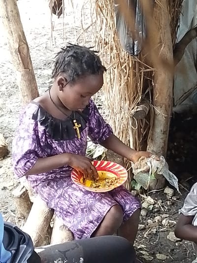 In Otulu, Nigeria, a young girl with dark, braided hair is seated on a wooden structure, engrossed in eating from a red and white striped plate. She wears a purple dress with a delicate floral pattern and a black neckline embellished with a golden cross necklace. Her left hand holds a plastic bag, while her right hand scoops food from the plate. The scene appears to be outdoors, with rough-hewn wooden posts and dried straw-like material forming a rustic backdrop. The ground is covered with dirt, small stones, and scattered debris. Sunlight filters through, suggesting it is daytime. The overall atmosphere is one of simplicity and everyday life, with no overt indication of distress or particular joy. The context of Otulu, Nigeria, places this scene within a specific cultural and geographical setting.