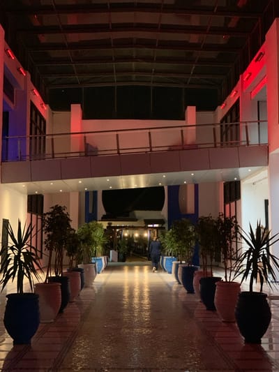 A modern building exterior is captured at night with a pathway lined with potted plants leading towards a dimly lit patio area. The building features a combination of glass windows, white and blue accents, and red lighting. A metal ladder is attached to the building's side. The pathway shows signs of wetness, reflecting ambient light. The atmosphere is contemporary and relaxed.