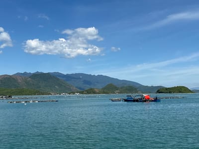 The image shows a wide, calm body of water with several structures and boats. In the foreground, the turquoise water exhibits small ripples. In the mid-ground, a cluster of aquaculture rafts, possibly for fish or shellfish farming, spans the width of the scene. These rafts are rectangular and appear to be constructed from buoys and netting. A blue boat with a red canopy is docked at some of the rafts. Further in the background, a long line of more rafts extends towards the left. Beyond the water and rafts, a range of green, tree-covered hills forms the horizon, with a town visible nestled at the base of the hills on the left side of the image. The sky above is a vibrant blue with scattered white clouds. The scene is likely set in the coastal area of Nam Ninh Hoa, Vietnam, a region known for its aquaculture.