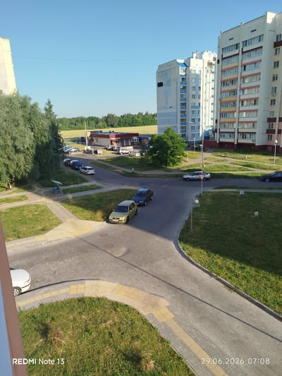 The image depicts an outdoor scene in a residential area of Rahachow, Belarus, on June 29, 2026, at 07:08. The view is from an elevated position, looking down onto a paved intersection with surrounding grass and a large tree. Several parked cars are visible: a white car is parked on the left, a gold car is parked on the right, and other cars, including black sedans and a white station wagon, are parked along the road and near buildings in the background.
The background features multi-story apartment buildings with various architectural styles and color schemes. One building on the right is light-colored with red and yellow accents, while a building to its left is predominantly light blue and white, with a blue roof. Further in the distance, a field of crops or grass extends towards a treeline under a clear blue sky. A small commercial building, possibly a store or cafe, with a red awning is situated near the intersection. Streetlights and utility poles are also present. The ground is paved with interlocking stones and there are patches of green grass with small white flowers. A single person is walking on a path to the left of the frame.